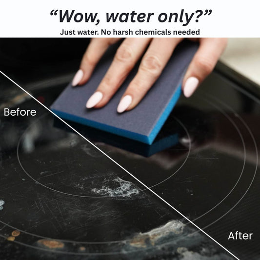 Before and after cleaning a stovetop with a blue sponge.